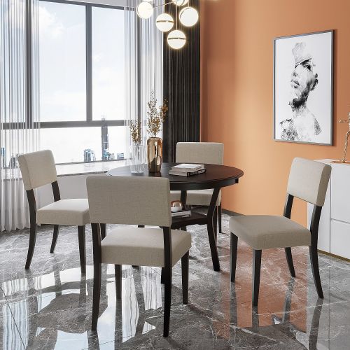 5-Piece Kitchen Dining Table Set Round Table with Bottom Shelf, 4 Upholstered Chairs for Dining Room(Espresso) 5-Piece Kitchen Dining Table Set Round Table with Bottom Shelf, 4 Upholstered Chairs for Dining Room(Espresso)