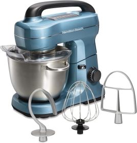Hamilton Beach Electric Stand Mixer, 4 Quarts, Dough Hook, Flat Beater Attachments, Splash Guard 7 Speeds with Whisk, Blue (Color: Blue)
